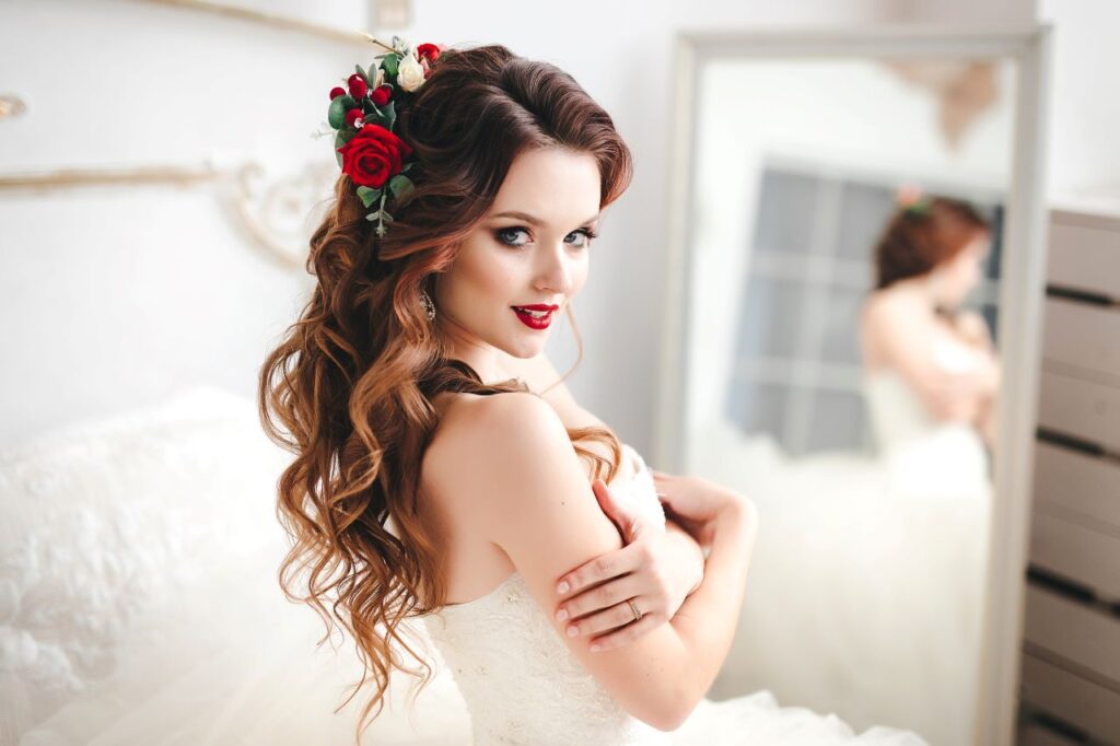 beautiful bride with long Hollywood glam curls for winter wedding hair