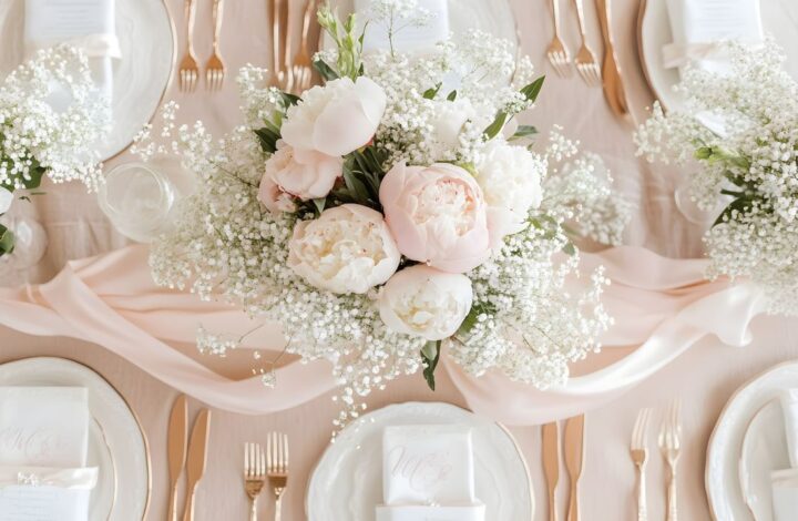 beautiful wedding table with babys breath and large flowers