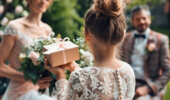 little girl giving wedding gifts to bride