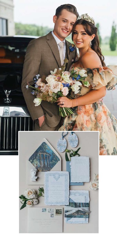 bride and groom pose for portrait in front of luxury car at Greek inspired destination wedding