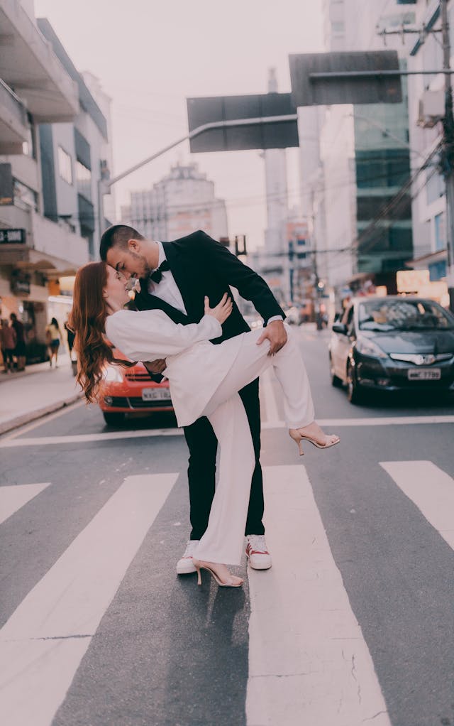 Couple Posing on a Crosswalk in Tokyo Japan for engagement photos