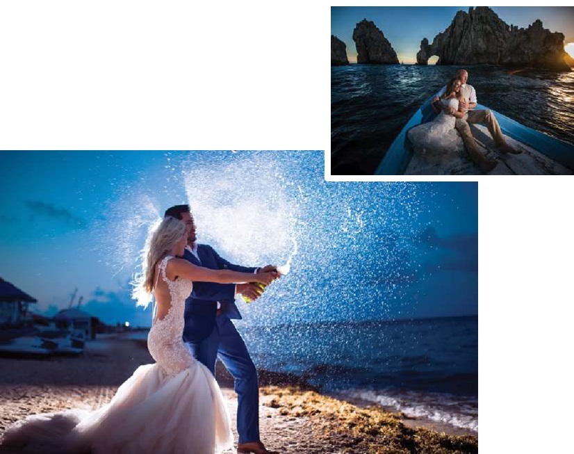 nighttime wedding photographs at ocean