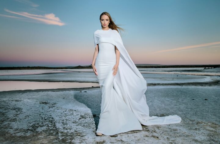 dreamatic bridal style on beach minimalist wedding dresses with dramatic cape