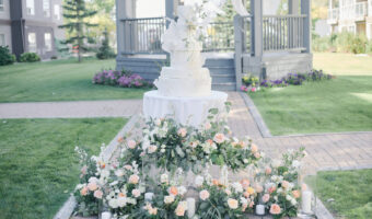beautiful wedding cake table at outdoor wedding