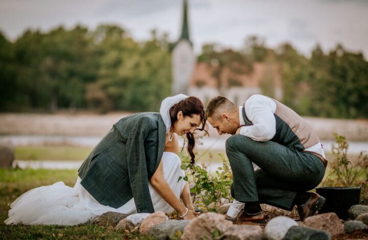 bride and groom plant tree during wedding unity ceremony