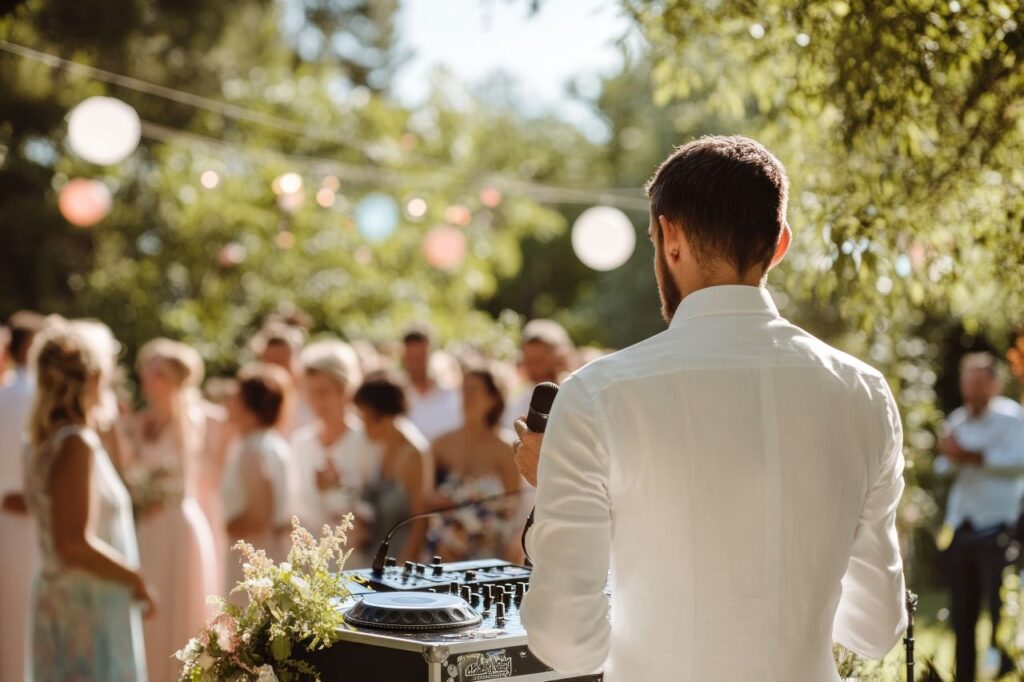 wedding DJ spins tunes at outdoor summer wedding reception