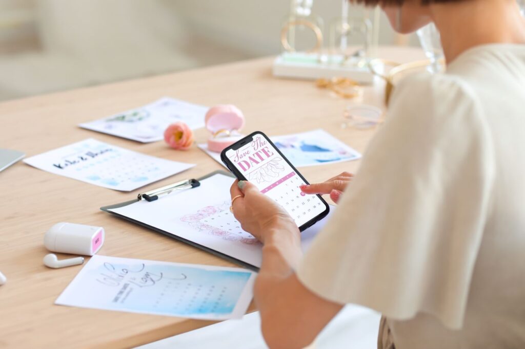 woman at table using phone to send save the dates wedding planning secrets