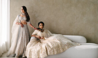 two brides in soft modern South Asian wedding styled shoot