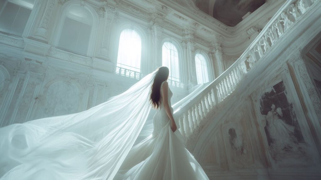 stunning bridal portrait with grand staircase and flowing cathedral wedding veil