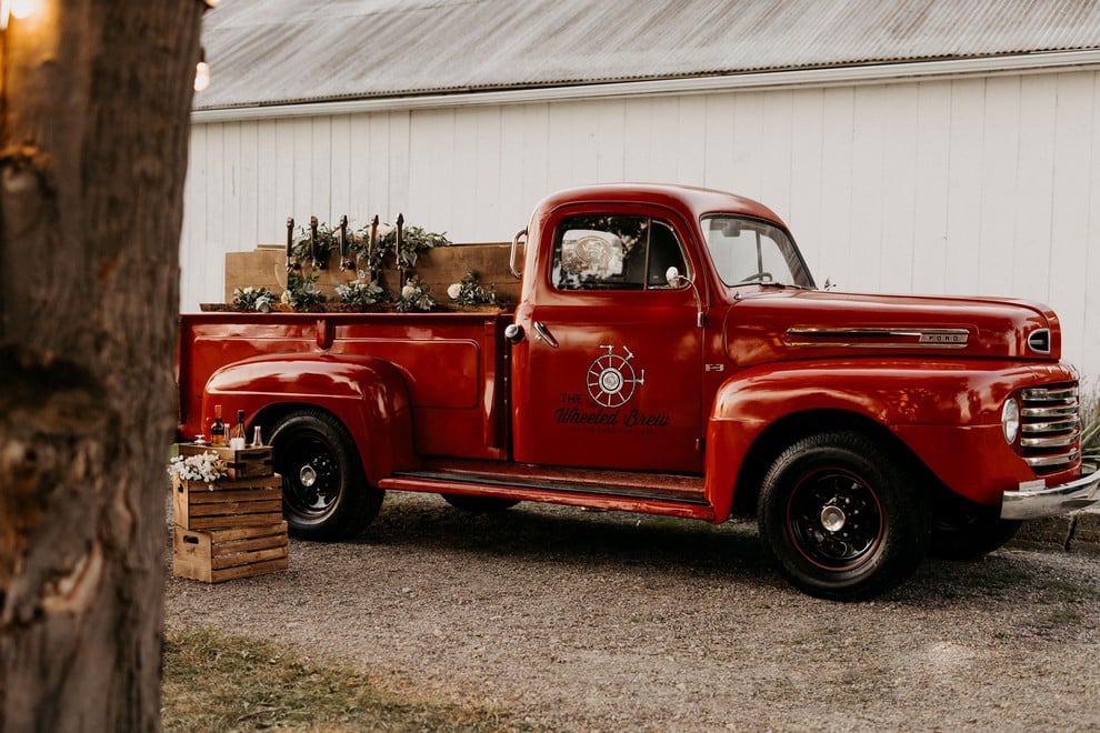 rustic red farm truck mobile bar in Greator Toronto Area