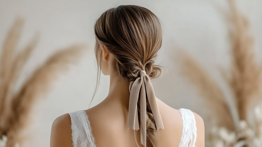 bride wearing v-neck wedding dress and low braided ponytail with beige ribbon wedding accessory