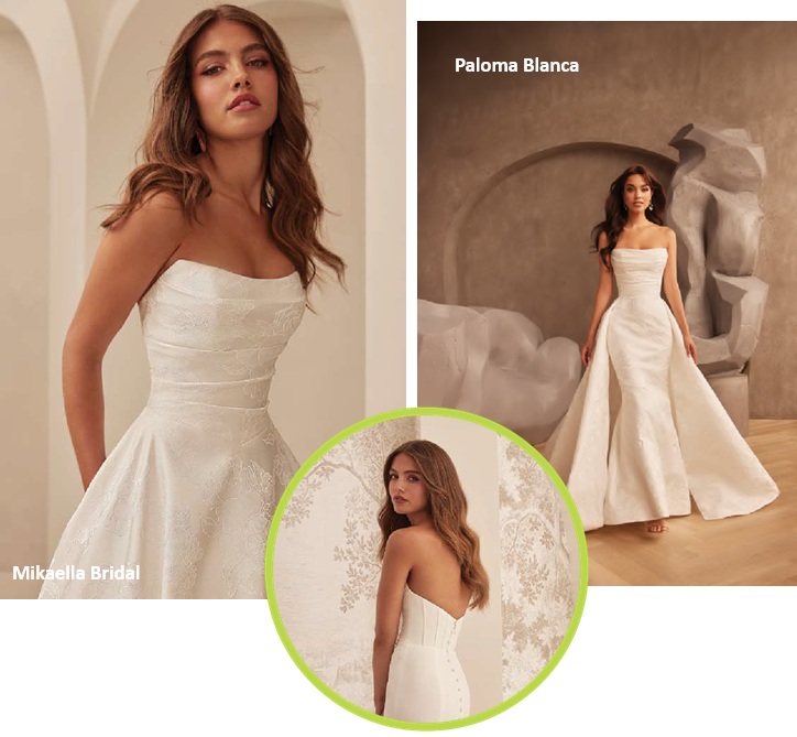 models wearing wedding dresses by Paloma Blanca and Mikaella bridal trends