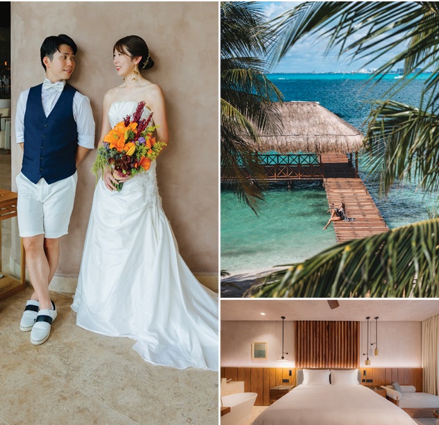 collage image of bride and groom in Isla Mujer island wedding locale and over the water resort