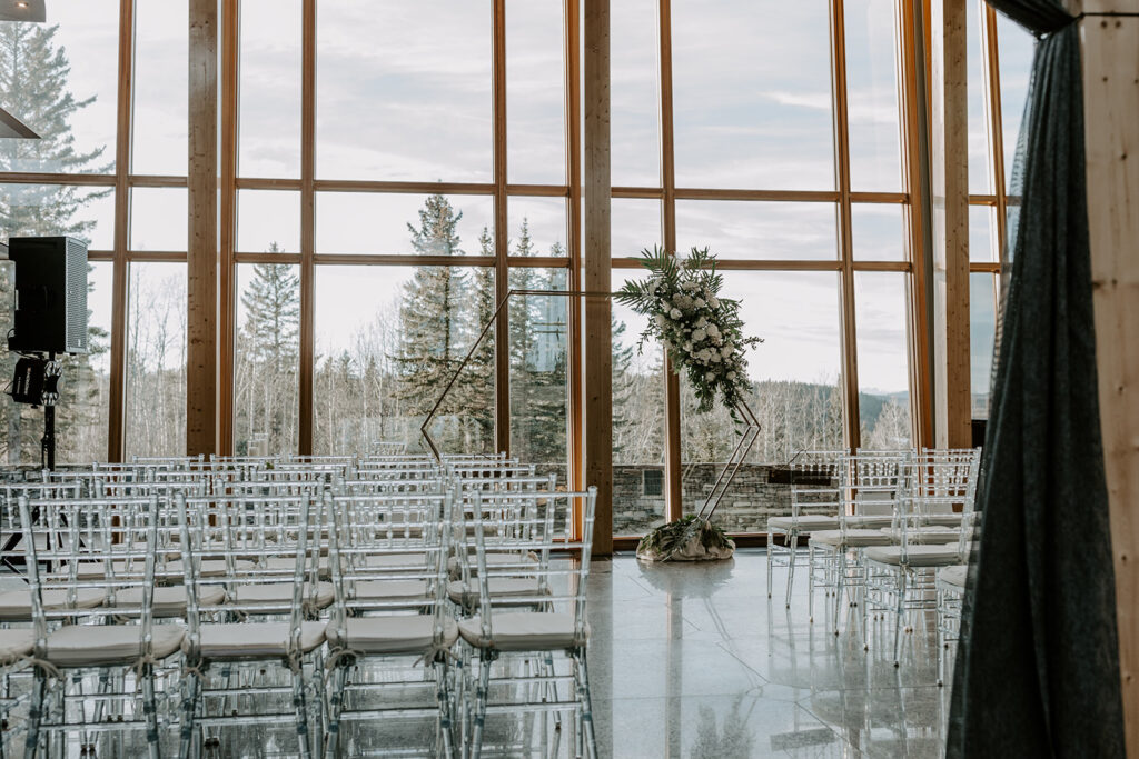 western wedding indoor with floor to ceiling windows