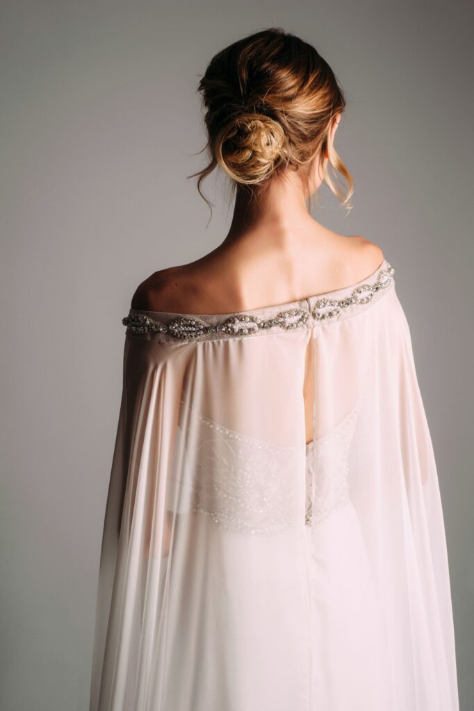 bridal cape with beaded trim
