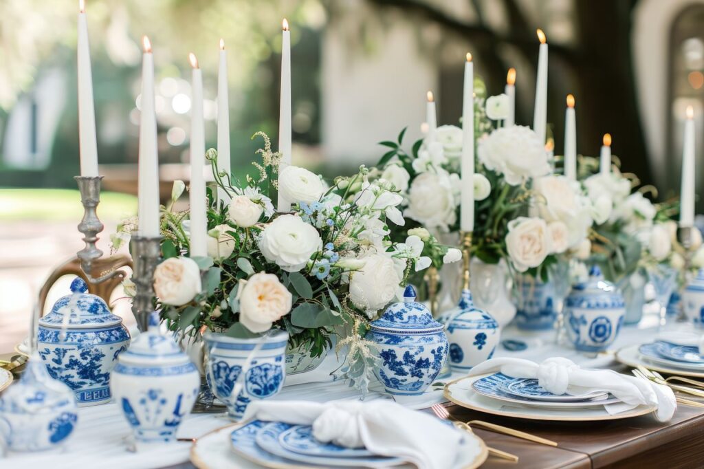 the most beautiful blue and white wedding table with greenery and white flowers wedding colour trends