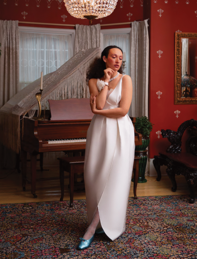 woman wearing tulip wedding dress
