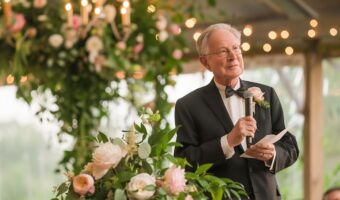 dad standing next to beautiful wedding flowers giving heartfelt father of the bride speech