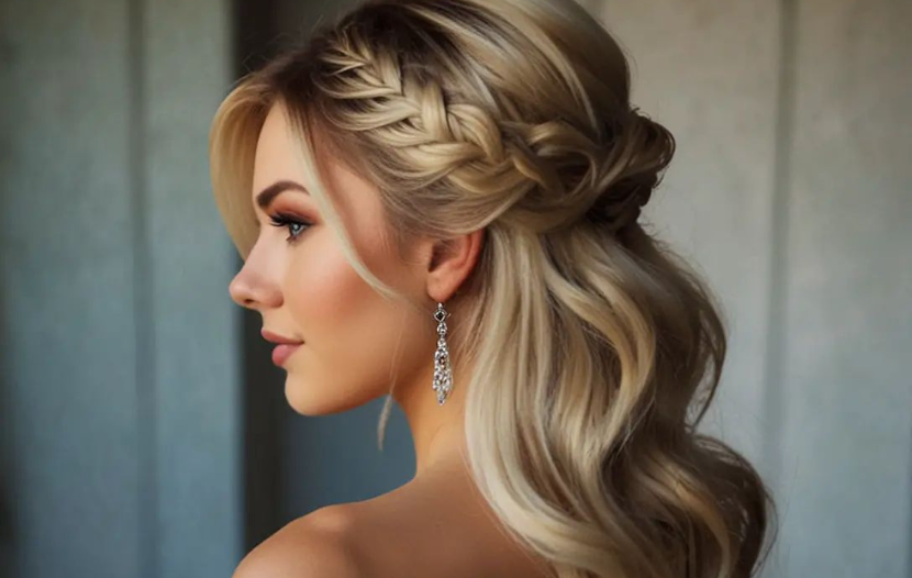 bride with romantic half-up half down hairstyle with braid