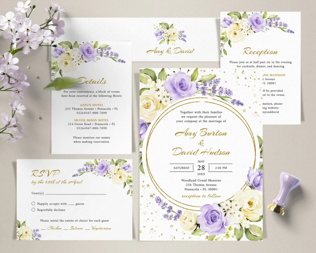 romantic wedding invitation suite in yellow and lilac wedding colour trends
