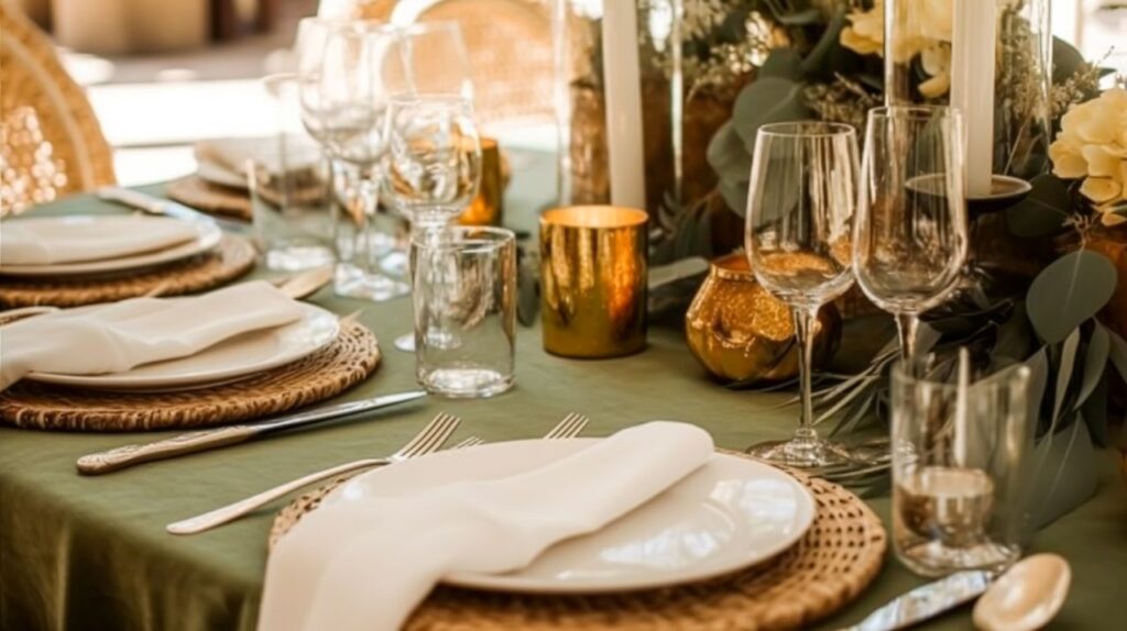 sage wedding tablescape with gold accents 2025 wedding colour trends