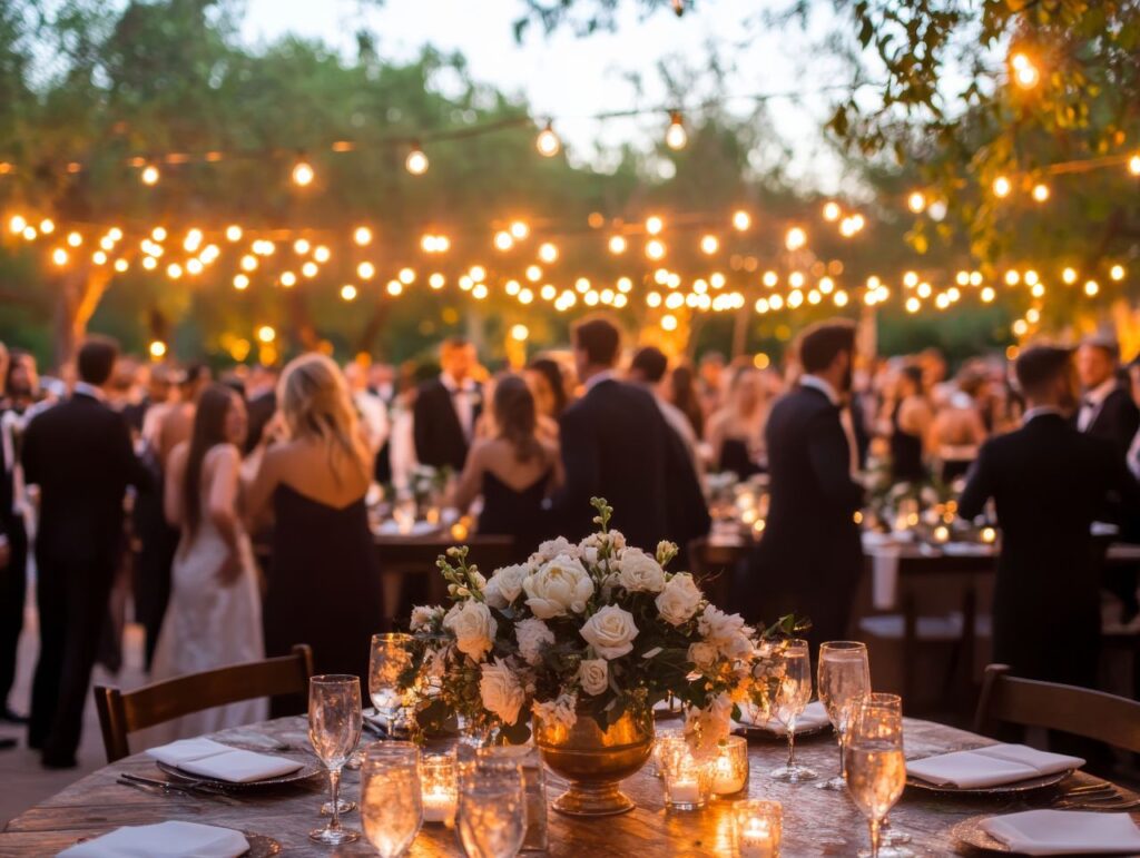 guests dressed in black tie mingle under twinkle lights after receiving invitation to the rehearsal dinner
