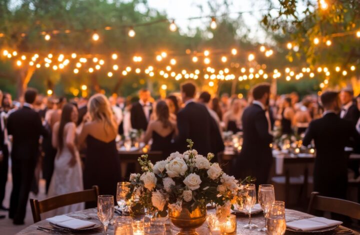 wedding dining outdoors under twinkle lights