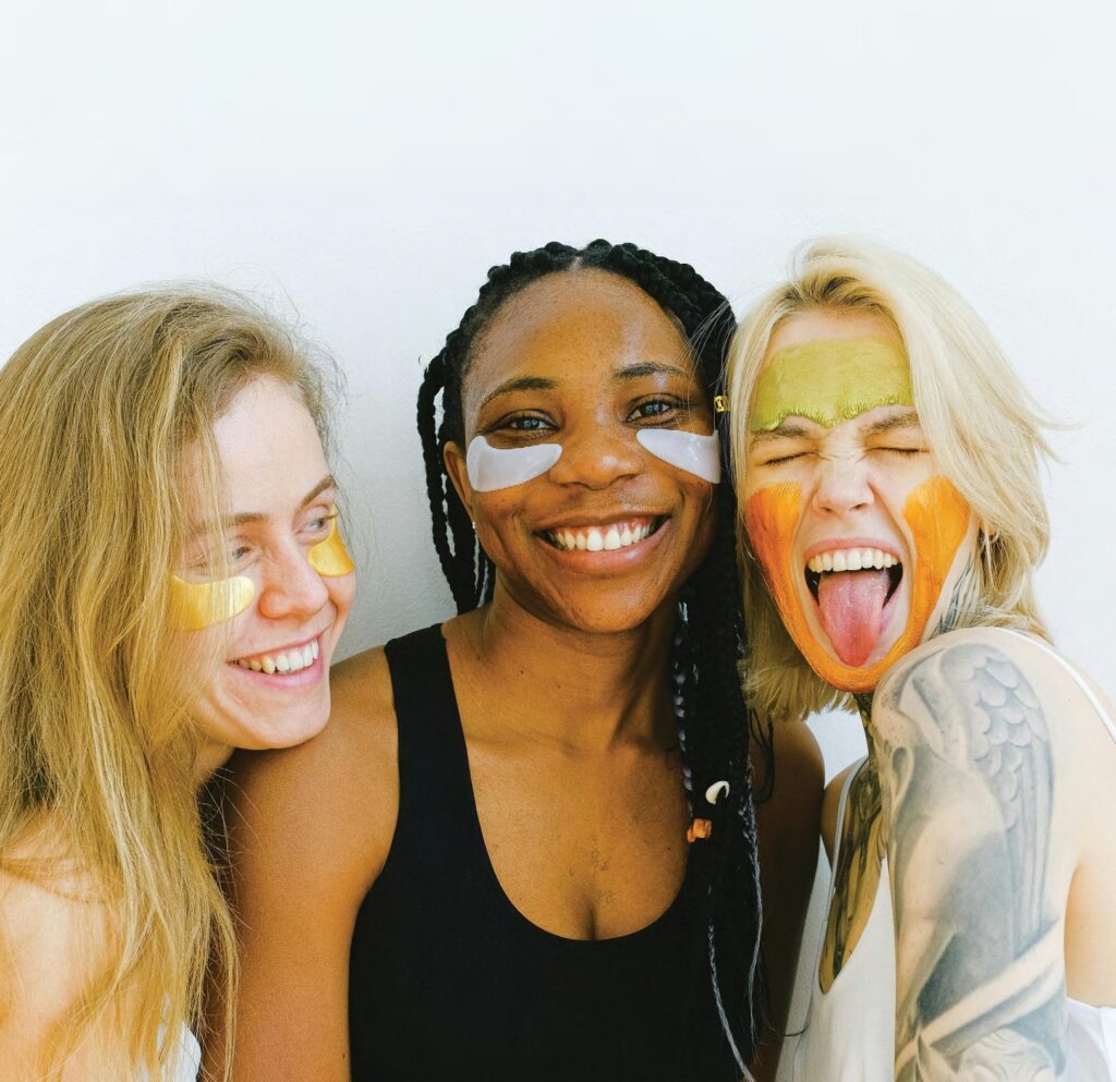 three women wearing bridel eye masks