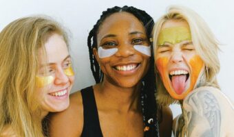 three women wearing bridel eye masks