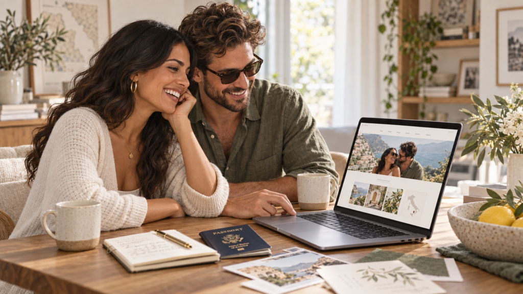 A couple sits together at home, reviewing their destination wedding website on a laptop while planning their celebration.