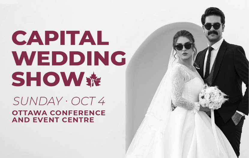 Promotional poster for Capital Wedding Show: bride and groom in sunglasses on the right, event date Sunday Oct 4 at Ottawa Conference and Event Centre.