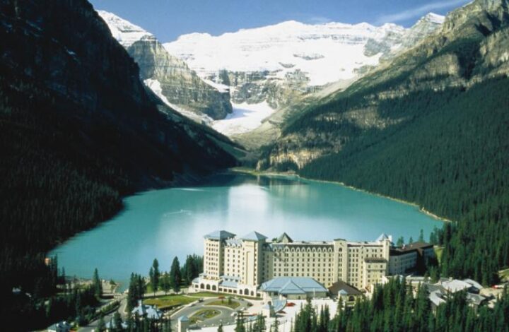 ariel image of Fairmont Château Lake Louise – Alberta Canadian wedding castles
