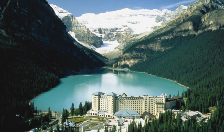 ariel image of Fairmont Château Lake Louise – Alberta Canadian wedding castles