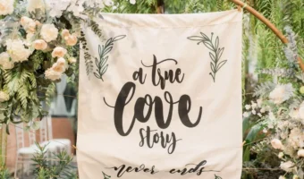 fabric true love never ends wedding signage welcome sign