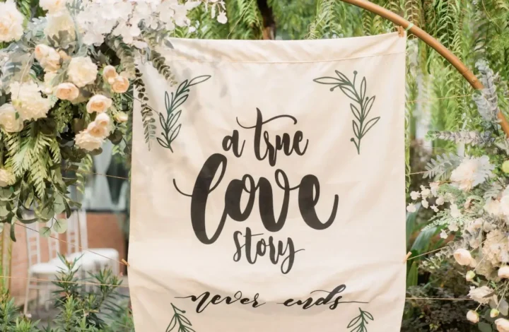 fabric true love never ends wedding signage welcome sign