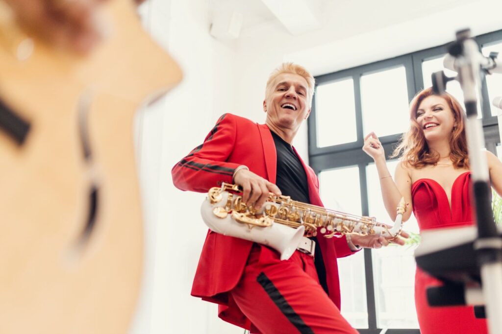 saxophonist plays music at wedding