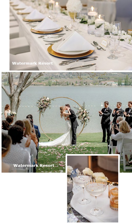 collage of images wedding reception and lakeside weddings