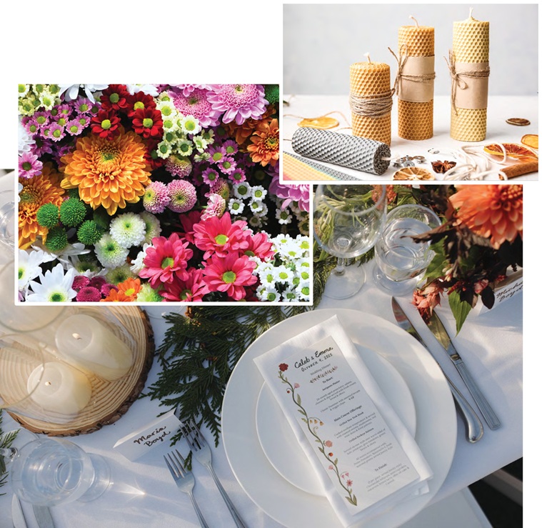 sustainable wedding table, flowers and beeswax candles