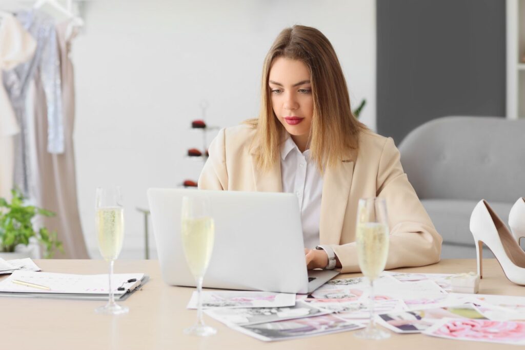 bride sitting at desk AI wedding planning