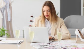 bride sitting at desk AI wedding planning