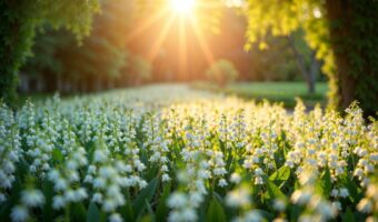 Sunlit field of white lily-of-the-valley blossoms with warm sunlight filtering through trees in the background.
