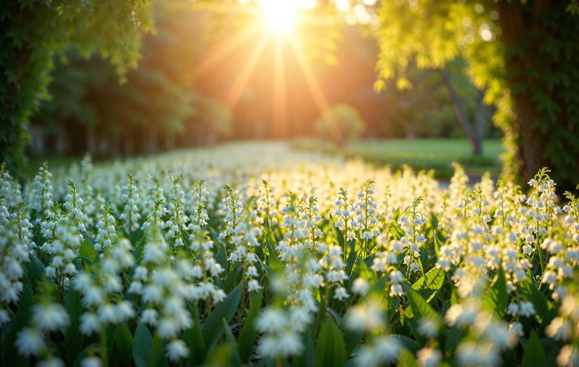 Sunlit field of white lily-of-the-valley blossoms with warm sunlight filtering through trees in the background.