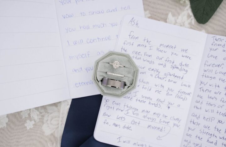 wedding flatlay handwritten wedding vows with ring box