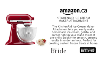 Red KitchenAid stand mixer with white ice cream attachment on a white background, beside ad copy for amazon.ca KitchenAid Ice Cream Maker Attachment describing homemade ice cream, gelato, and sorbet, plus the Today's Bride logo and a 'Create Your Registry' button.