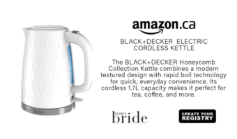 White honeycomb-pattern cordless kettle shown with branding and product description on the right (BLACK+DECKER 1.7L kettle) with Amazon.ca, Today’s Bride, and Registry logos nearby.