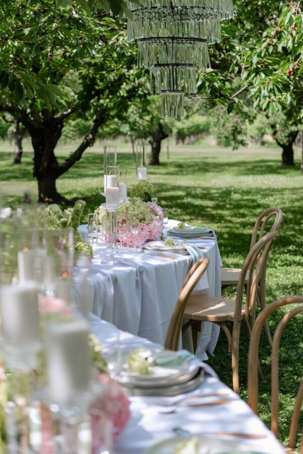 Outdoor garden dining setup with a long white-tablecloth table, pink hydrangea centerpiece, and candles, under leafy trees.