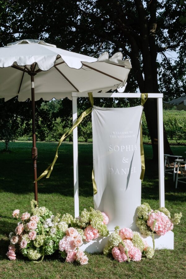 Outdoor wedding display with a white canopy and a tall banner reading 'Welcome to the wedding of SOPHIA & DANIEL' amid pink and white flowers in a grassy garden