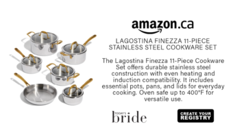 Amazon.ca ad for Lagostina Finezza 11-piece stainless steel cookware set with pots and pans, plus Today's Bride and Create Your Registry logos.