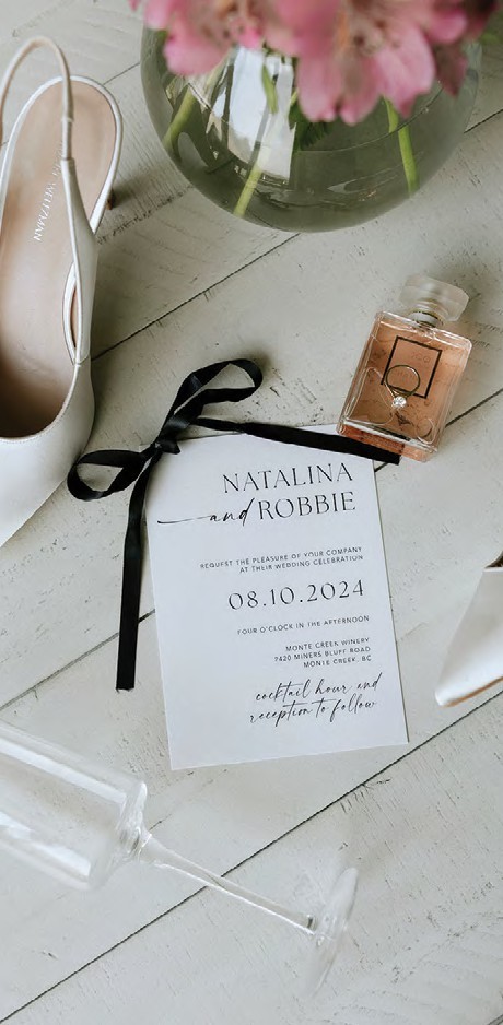 Flat lay wedding invitation for Natalina and Robbie with date 08.10.2024, beside a white heel and perfume bottle.