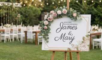 Wedding welcome sign on an easel with pink roses and greenery, reading 'Welcome to our wedding James & Mary'
